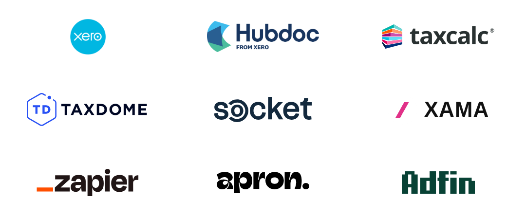 Our technology: Xero, Hubdoc, TaxCalc, TaxDome, Socket, Xama, Zapier, Apron and Adfin